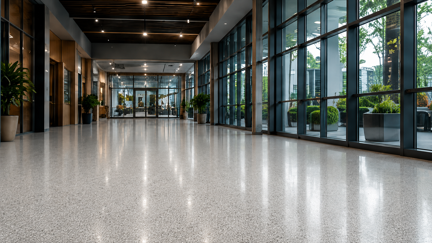 Modern commercial corridor with a durable polished floor