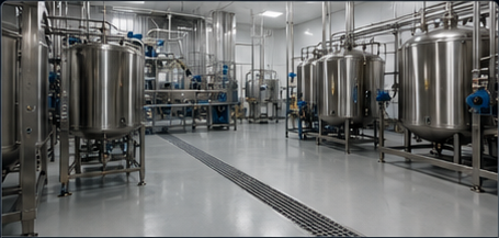 Hygienic food and beverage facility with seamless flooring and stainless-steel equipment