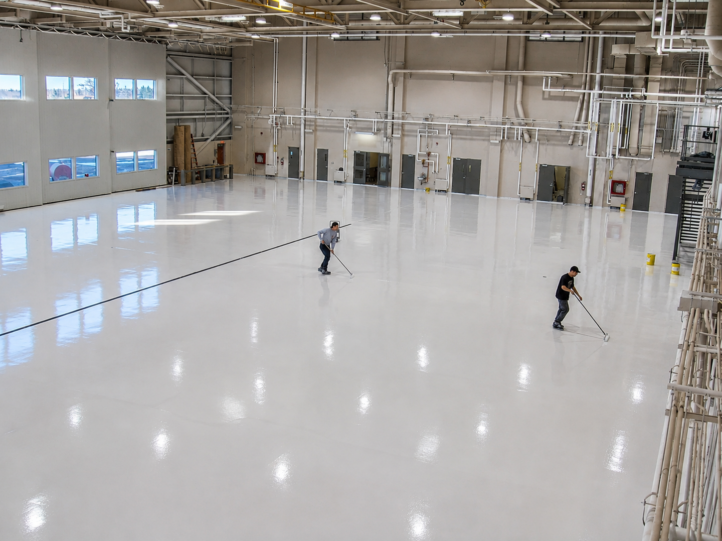 Large commercial facility with two workers applying a seamless floor coating